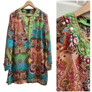 Saint Tropez West Silk Semi Sheer Multicolor Stud Embellish Cover Up Tunic Large